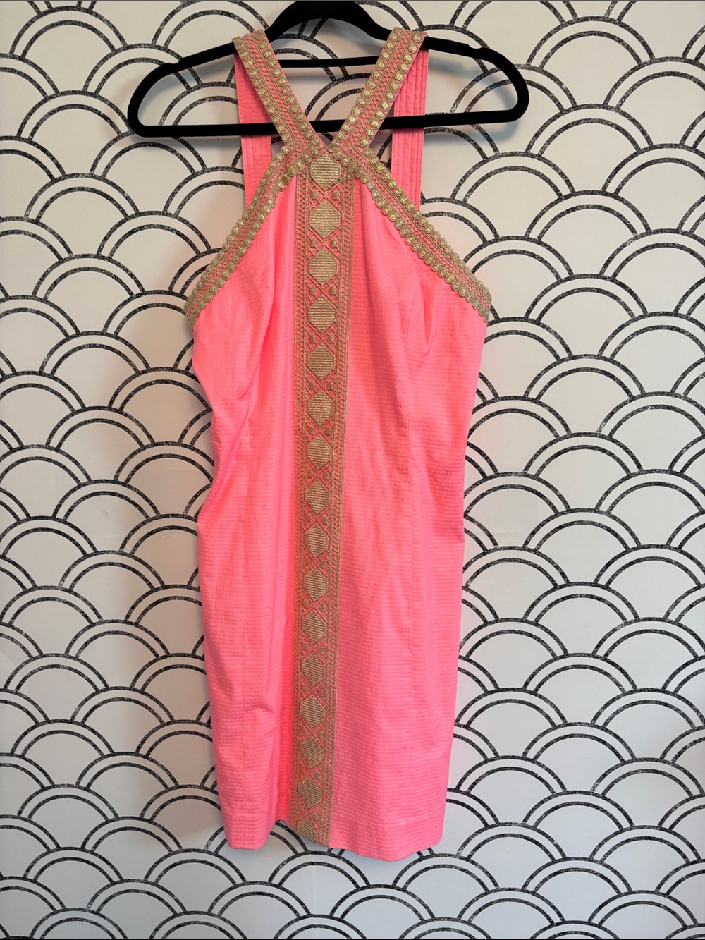 Lilly Pulitzer Coral Pink One-Shoulder Dress with Gold Trim